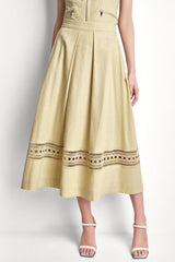 LINEN-BLEND LOOP LACE-TRIMMED PLEATED MIDI SKIRT - Mojave Desert - 2