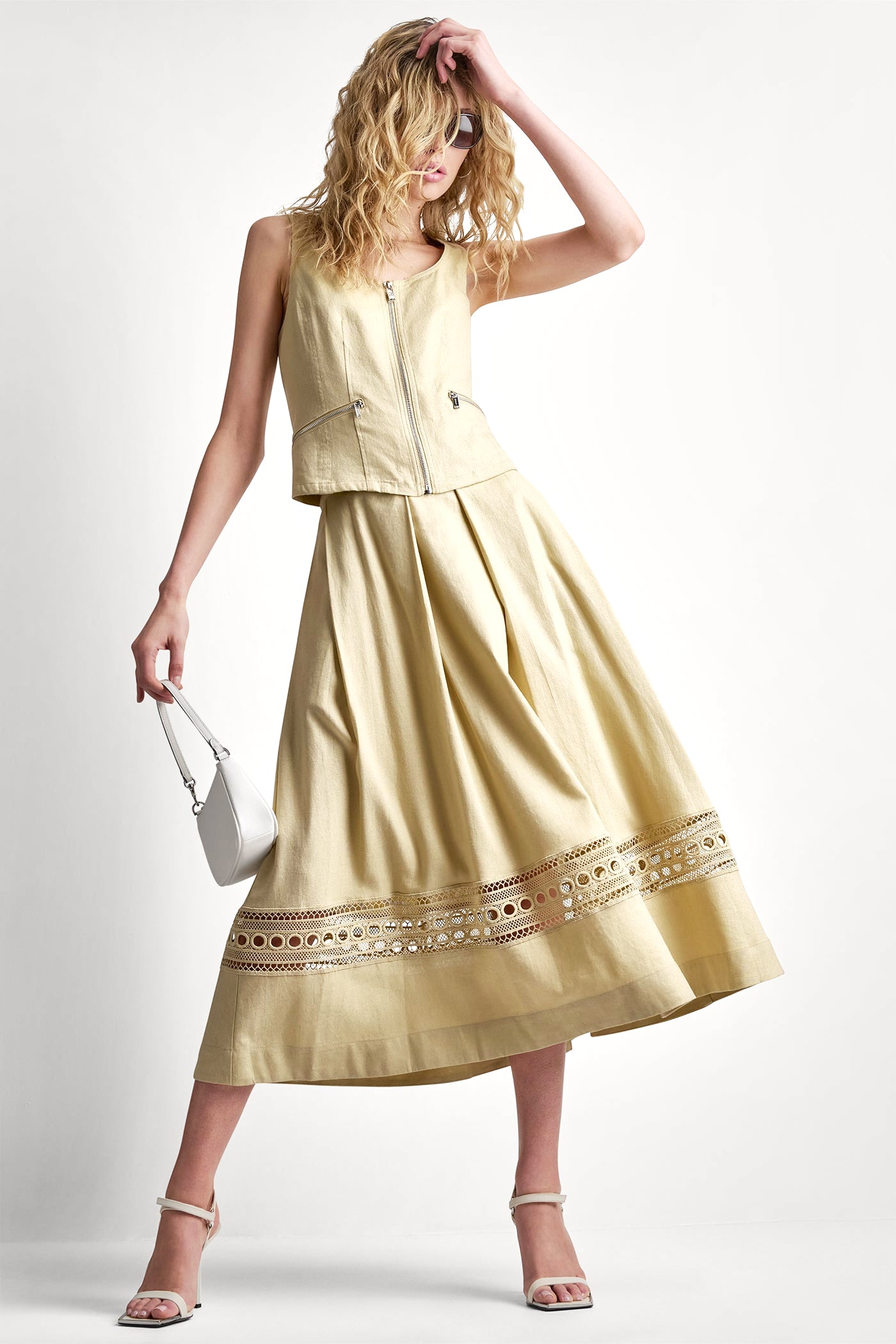 LINEN-BLEND LOOP LACE-TRIMMED PLEATED MIDI SKIRT - Mojave Desert - 6