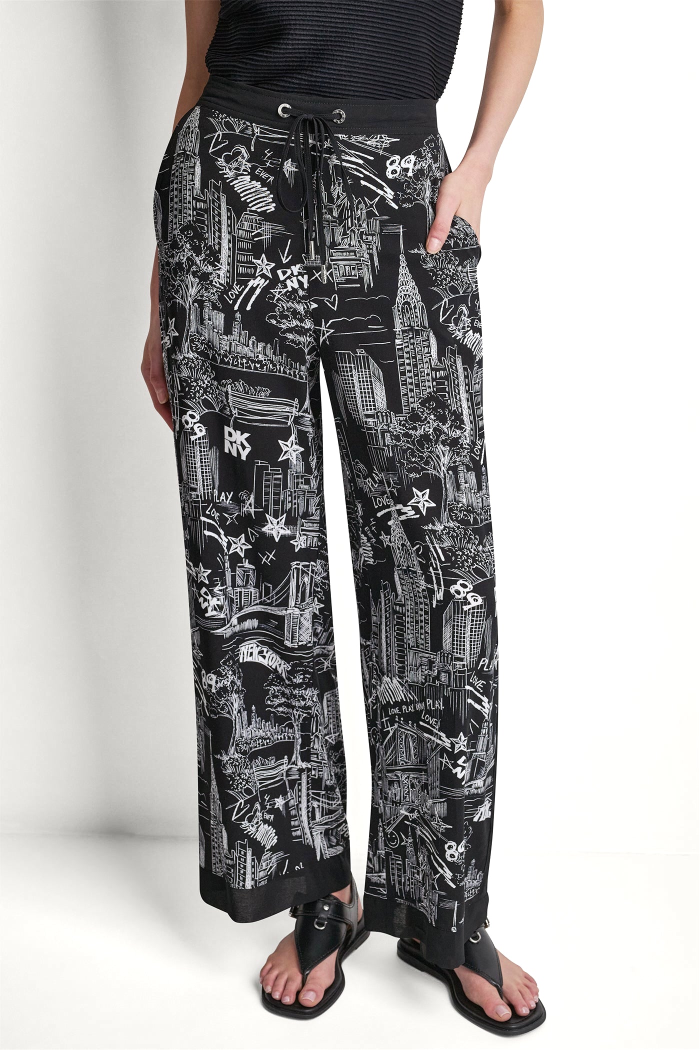 PRINTED DRAWSTRING WIDE LEG PANT - NY Toile Black - 2