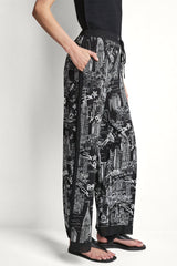 PRINTED DRAWSTRING WIDE LEG PANT - NY Toile Black - 4