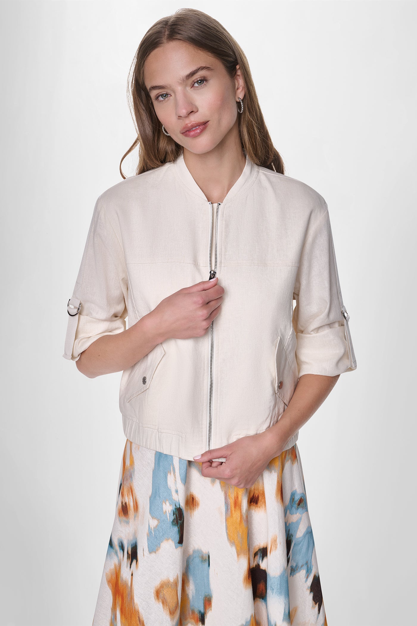 LINEN-BLEND ROLL-TAB SLEEVE BOMBER JACKET - Coconut - 7