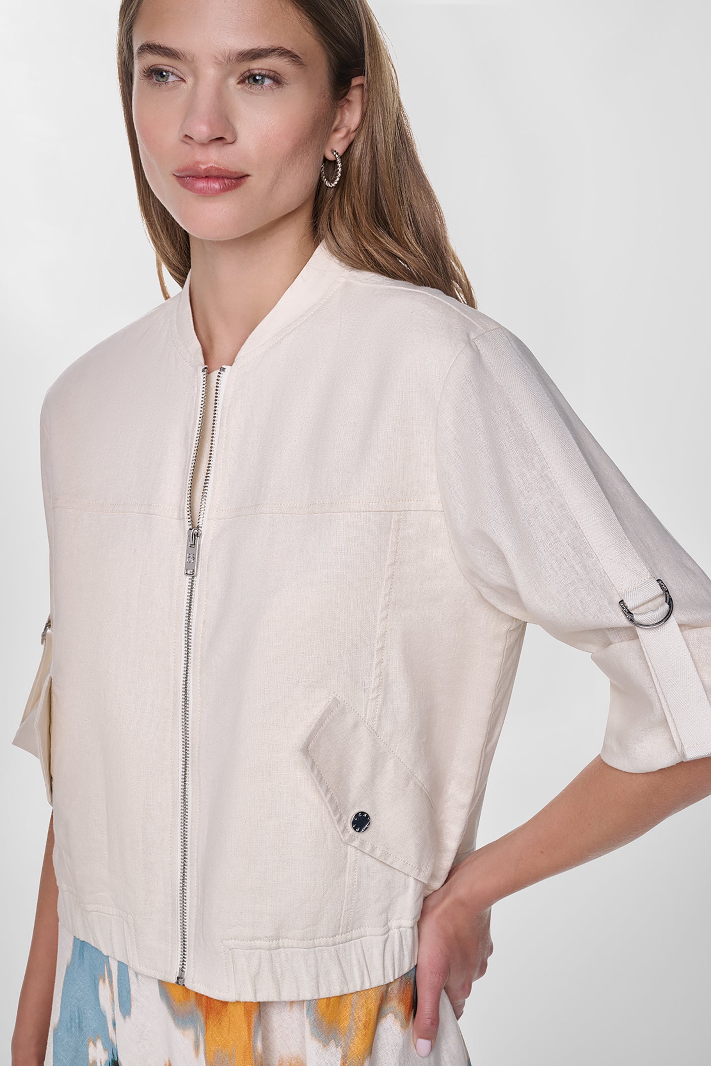 LINEN-BLEND ROLL-TAB SLEEVE BOMBER JACKET - Coconut - 1