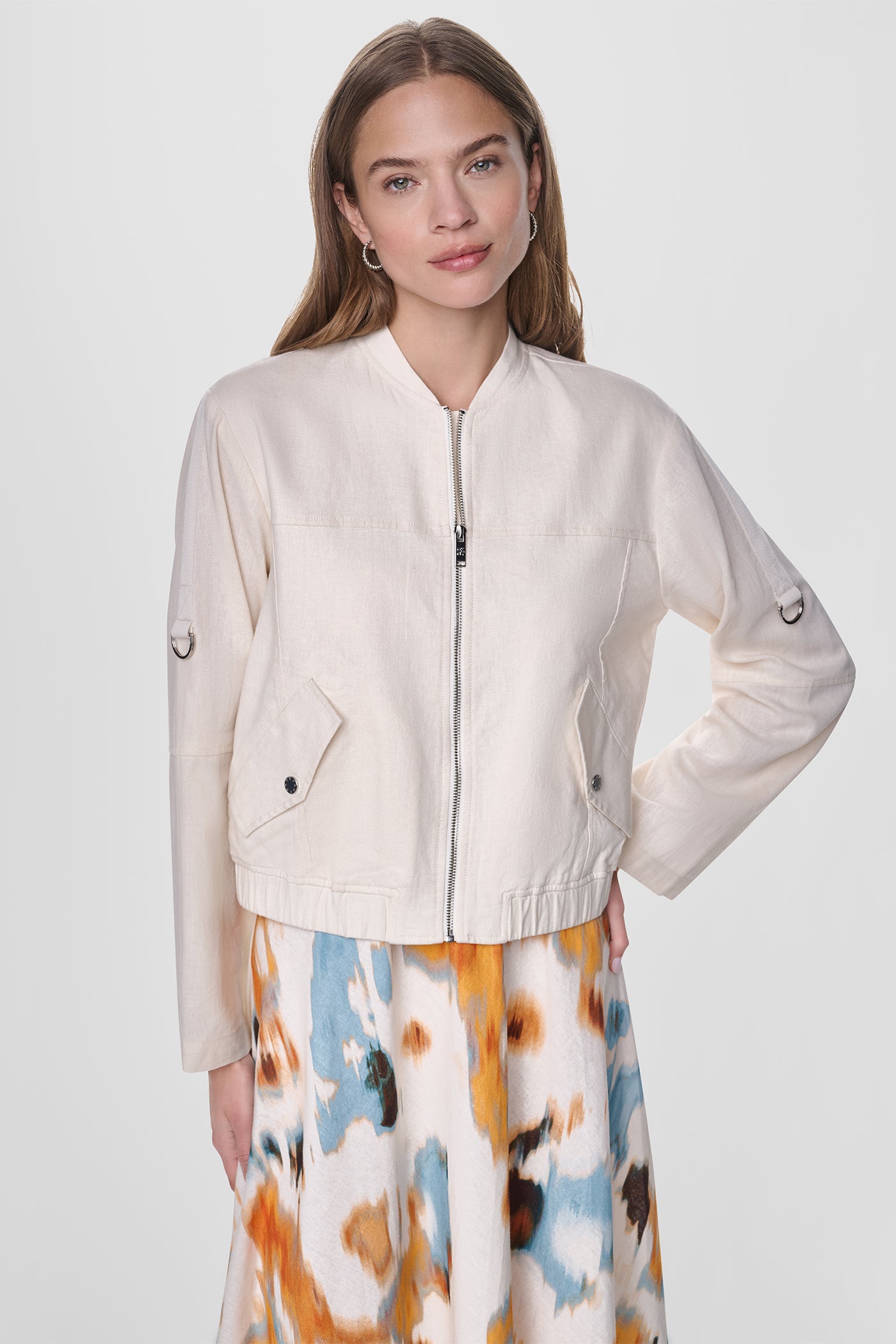LINEN-BLEND ROLL-TAB SLEEVE BOMBER JACKET - Coconut - 6