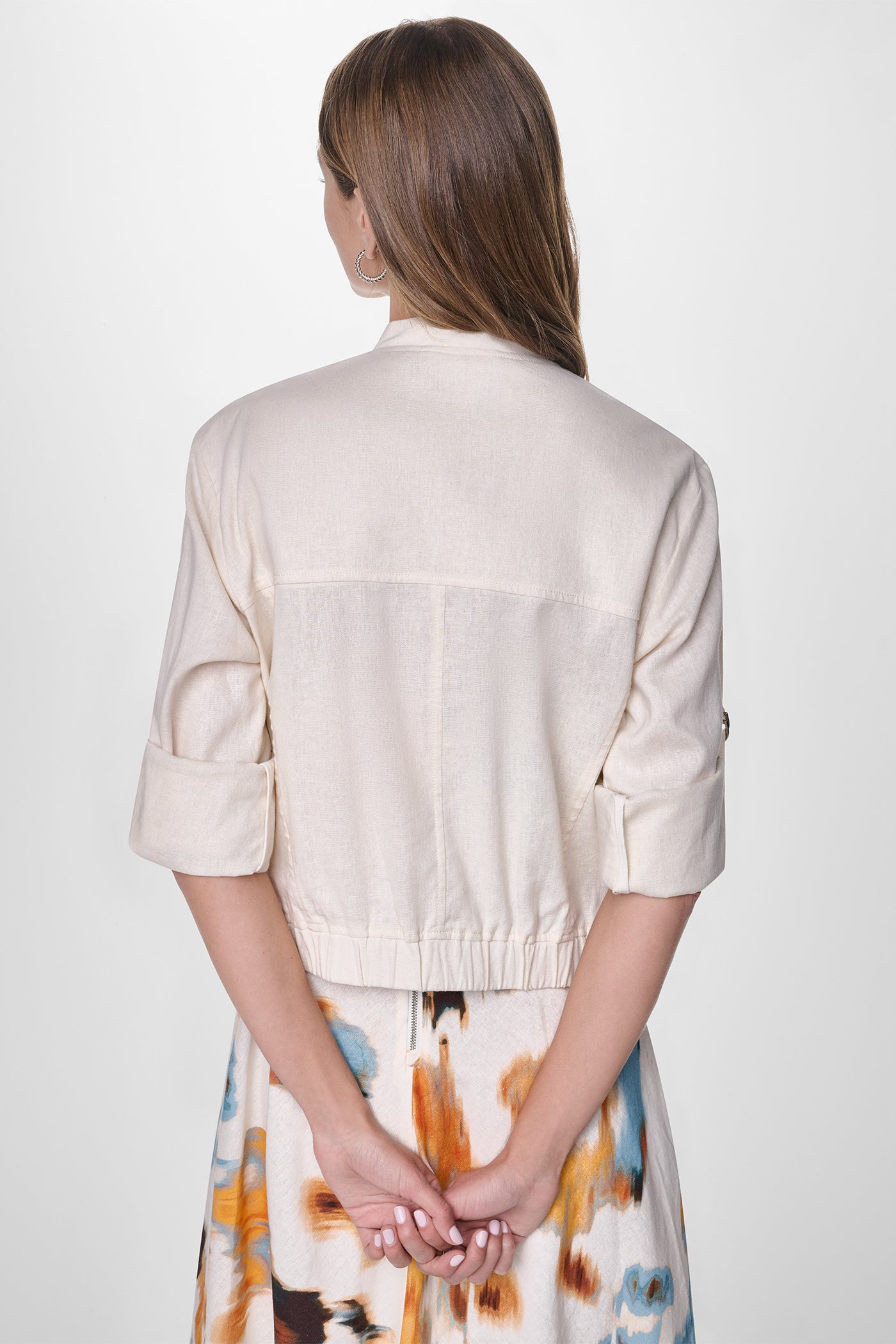 LINEN-BLEND ROLL-TAB SLEEVE BOMBER JACKET - Coconut - 3