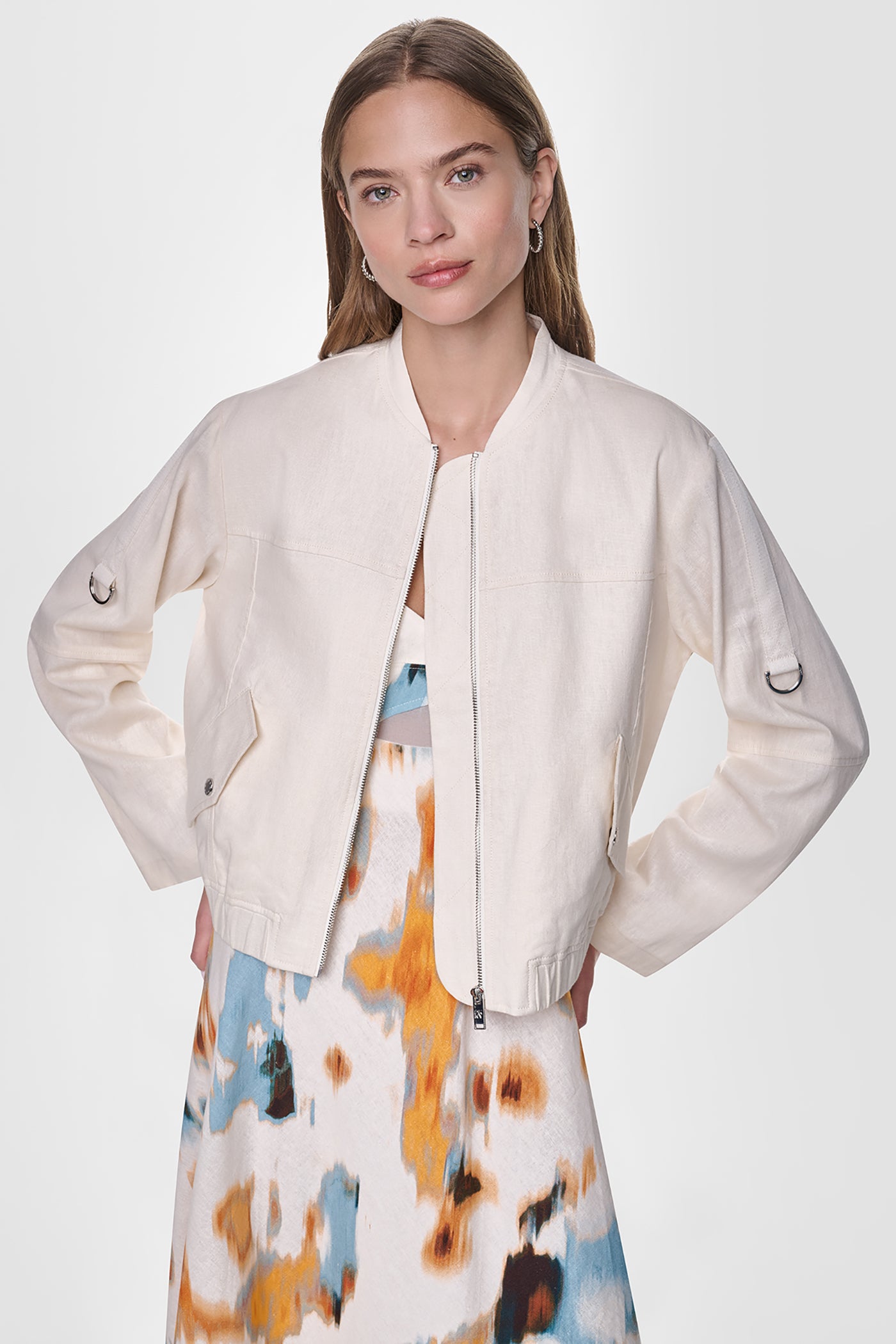 LINEN-BLEND ROLL-TAB SLEEVE BOMBER JACKET - Coconut - 2