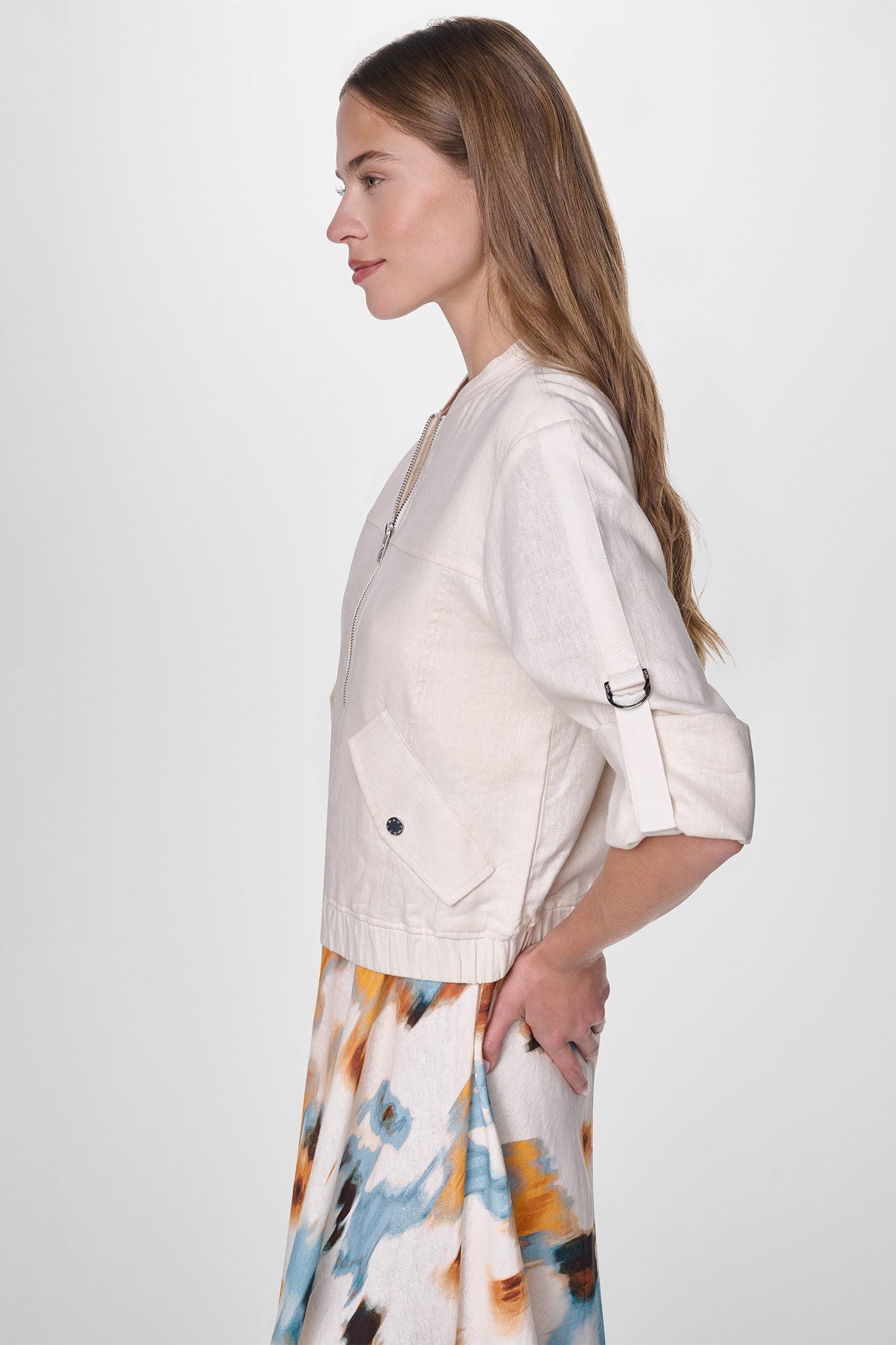 LINEN-BLEND ROLL-TAB SLEEVE BOMBER JACKET - Coconut - 5