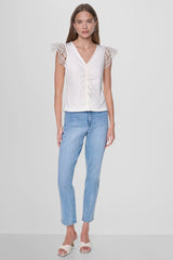 FLUTTER SLEEVE V-NECK TOP - Coconut - 2