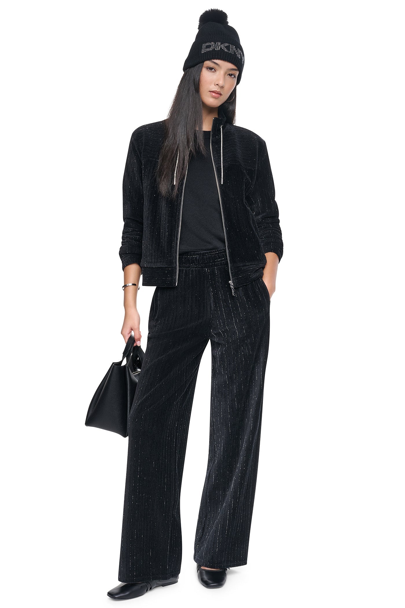 METALLIC VELVET PULL ON SWEATER PANT - Black - 1