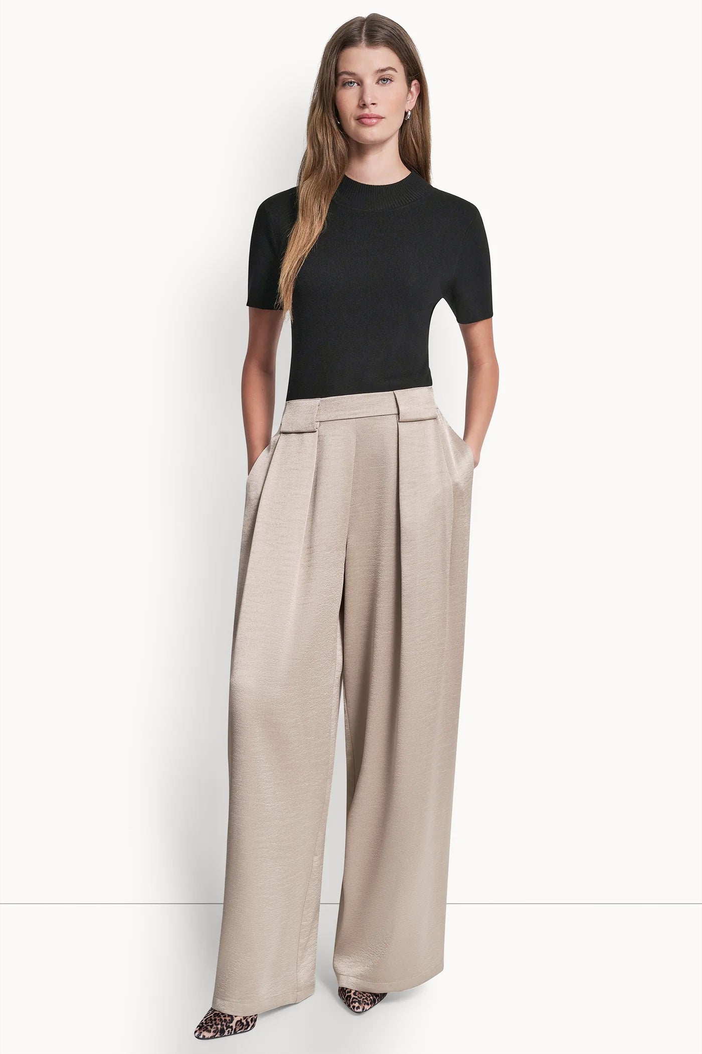 HIGH-RISE SATIN PLEATED WIDE LEG PANT - Pebble - 5