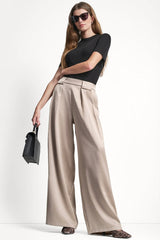 HIGH-RISE SATIN PLEATED WIDE LEG PANT - Pebble - 1