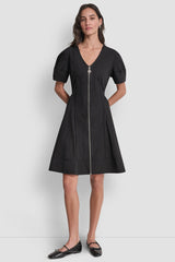 V-NECK PLEATED FIT & FLARE DRESS - Black - 1