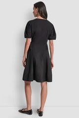 V-NECK PLEATED FIT & FLARE DRESS - Black - 3