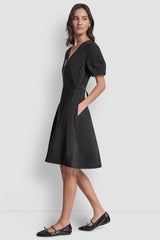 V-NECK PLEATED FIT & FLARE DRESS - Black - 4