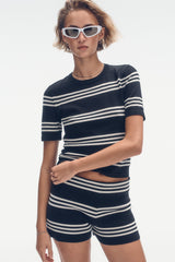 ELBOW SLEEVE STRIPED SWEATER - Black/Eggnog - 1