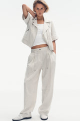 LINEN-BLEND PINSTRIPE PLEATED PANT - Ivory/Admiral - 2