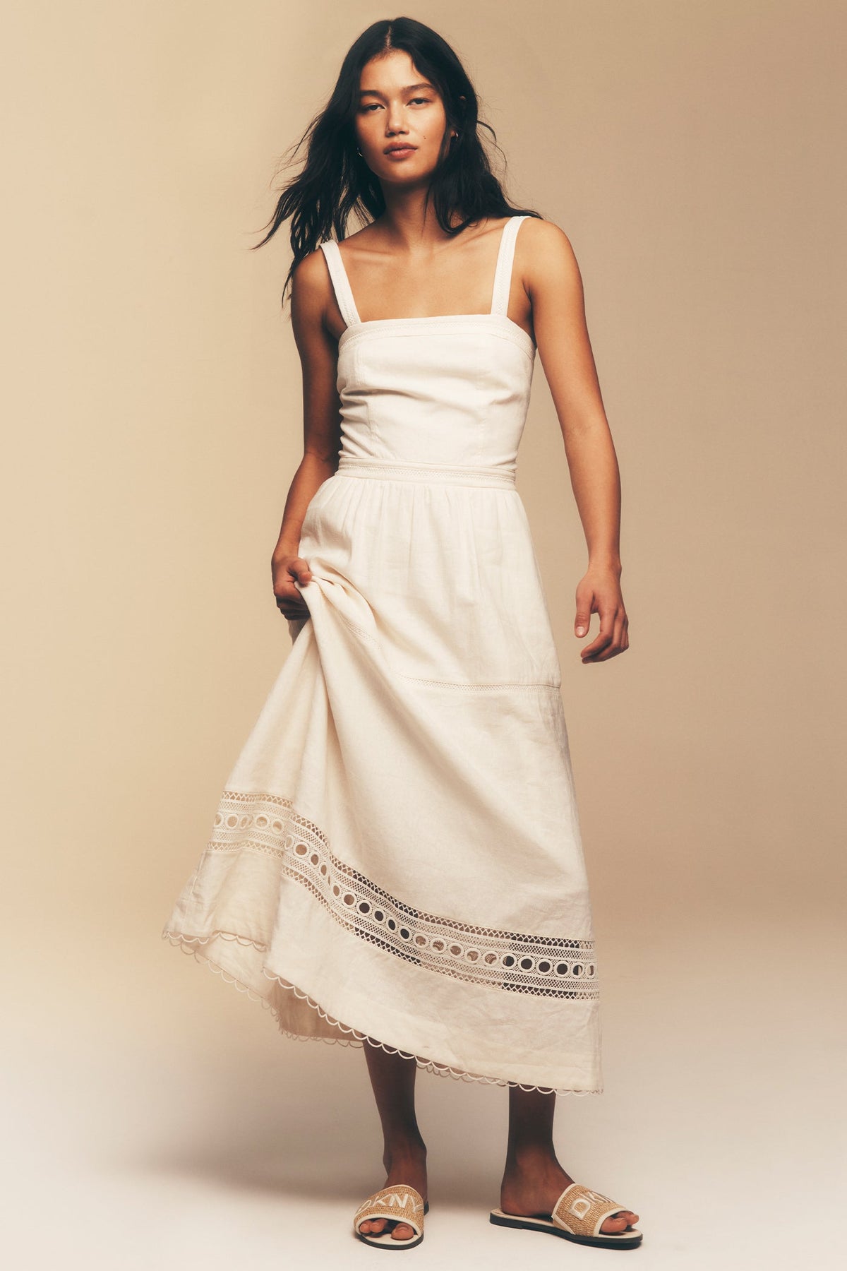 LINEN-BLEND LACE-TRIMMED MIDI DRESS - Coconut - 1